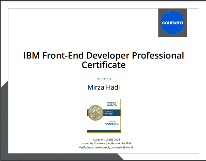 IBM front End certificate